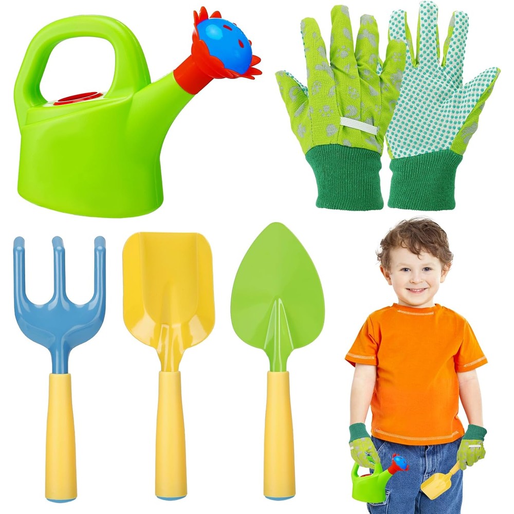Biubee Kids Gardening Tools Set front view featuring bright green watering can and colorful shovels.