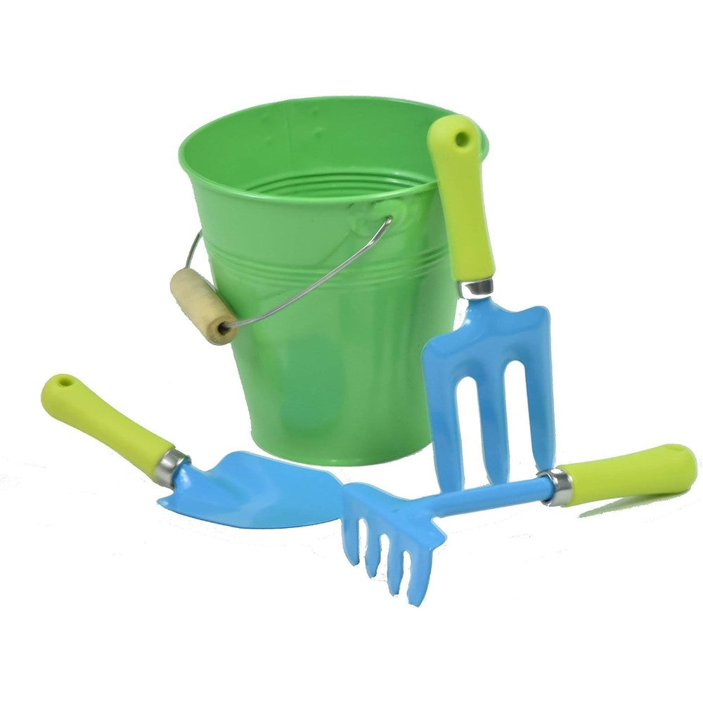 G & F Products JustForKids Garden Tool Set front view featuring a green metal pail with a mini shovel, rake, and cultivator.