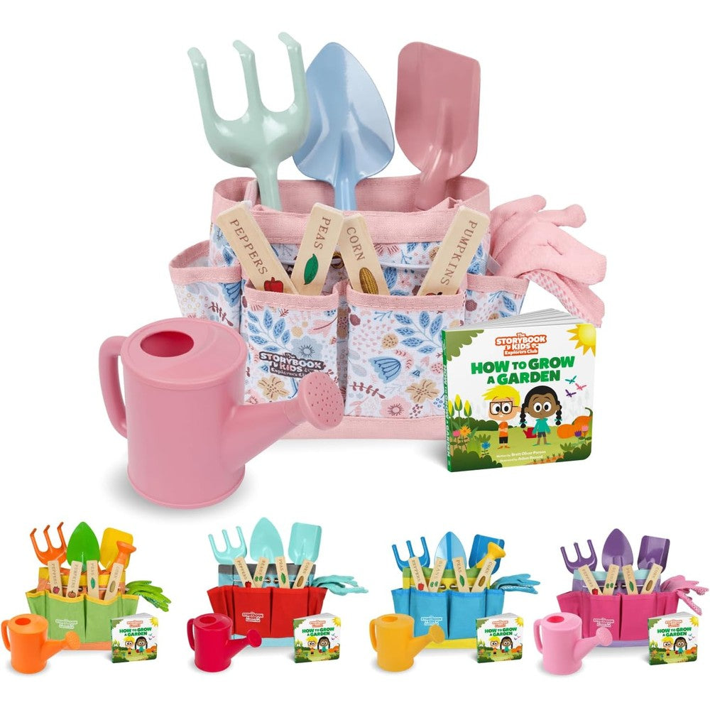 The Storybook Kids Explorers Club Floral Garden Kit front view showing colorful tools and tote bag