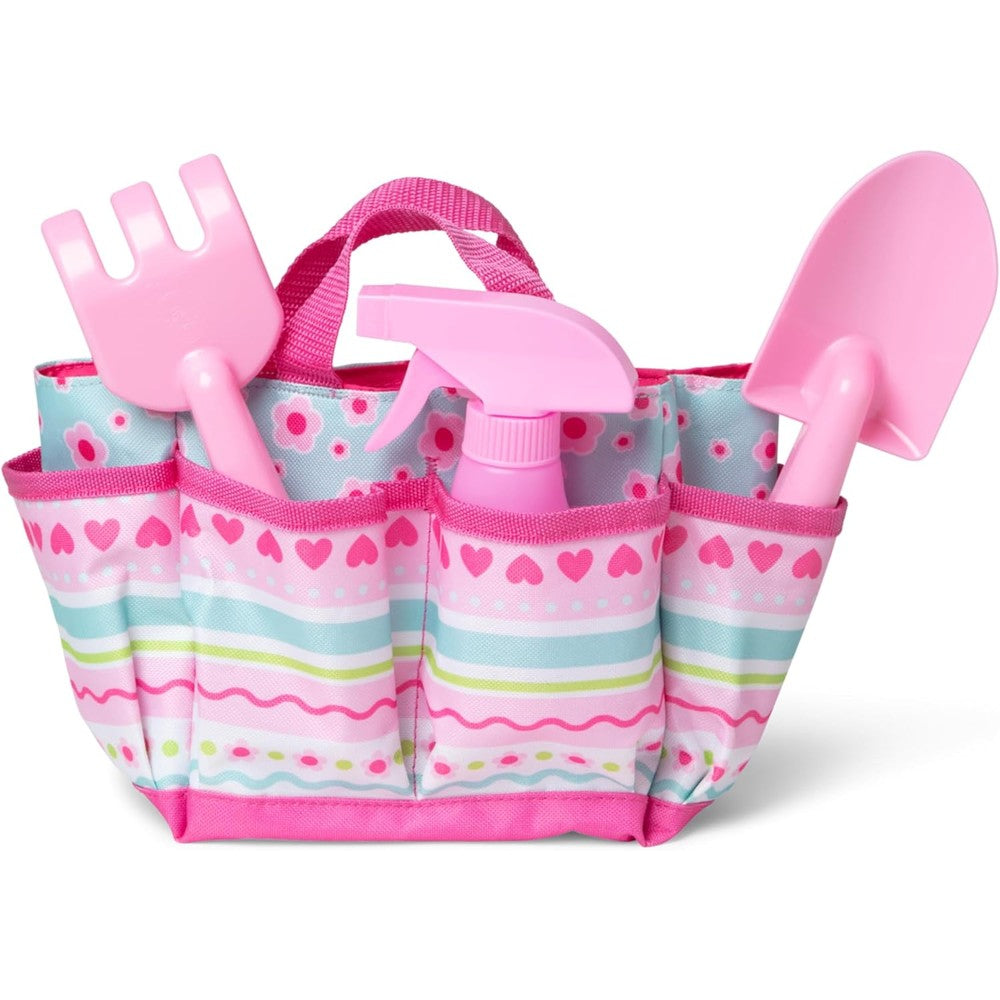 Melissa and Doug Sunny Patch Pretty Petals Gardening Tote Set front view showing the pink floral bag and child tools
