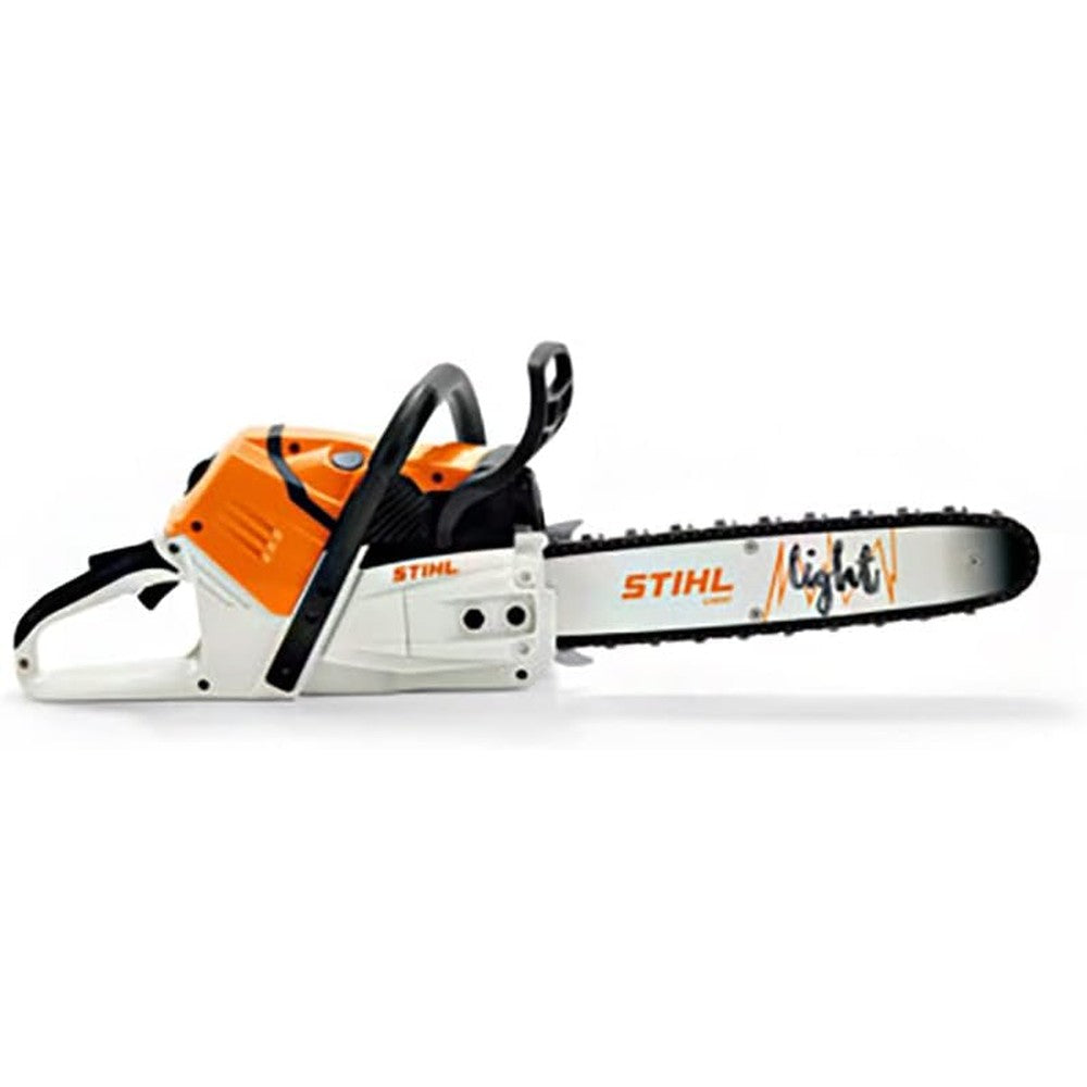 STIHL Battery Operated Toy Chainsaw front view showcasing the orange and white body design for kids pretend play
