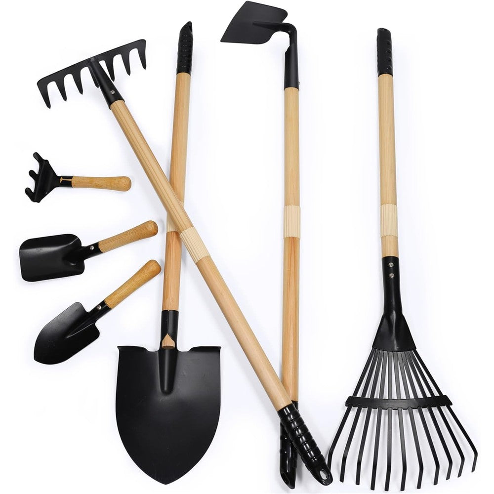 CHEERBANK kids gardening tools seven piece set front view showing real wood handles and steel heads