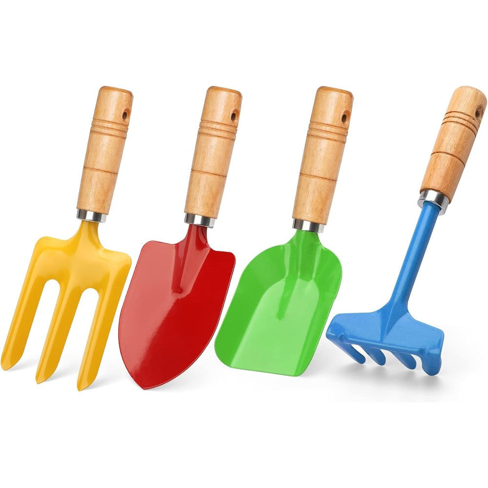 Anzmtosn kids metal garden tool set front view showing four colorful outdoor pieces