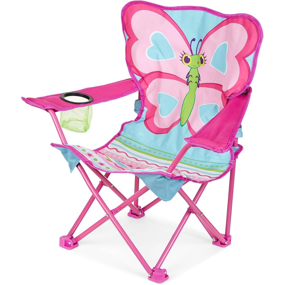 Melissa and Doug Cutie Pie Butterfly Camp Chair front view showing pink butterfly backrest and cup holder