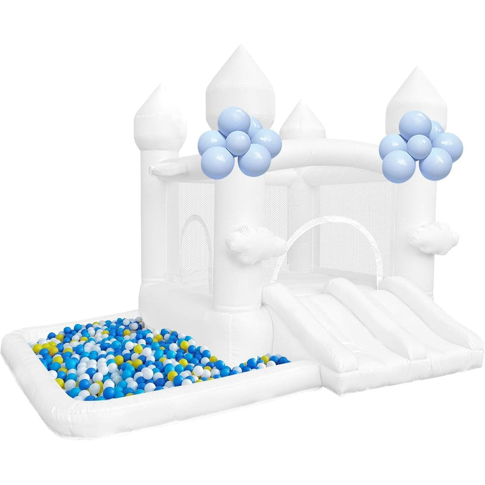 HapyBoucy White Bounce House For Kids Ages 3 To 6 With Double Slides, Ball Pit, And Basketball Hoop, 10.5 Foot Length By 9.3 Foot Width - Image 1