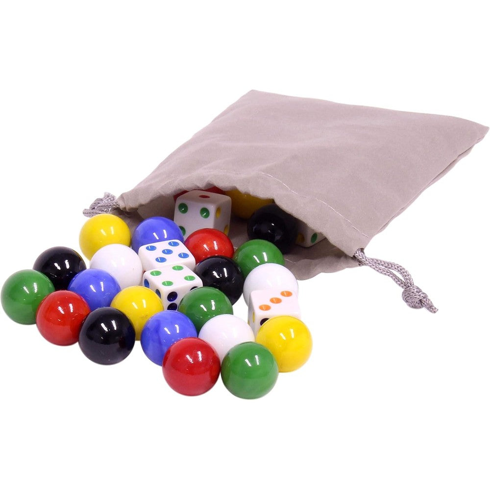 AmishToyBox glass marbles and dice set front view featuring twenty-four colorful premium game pieces arranged next to a cloth pouch.