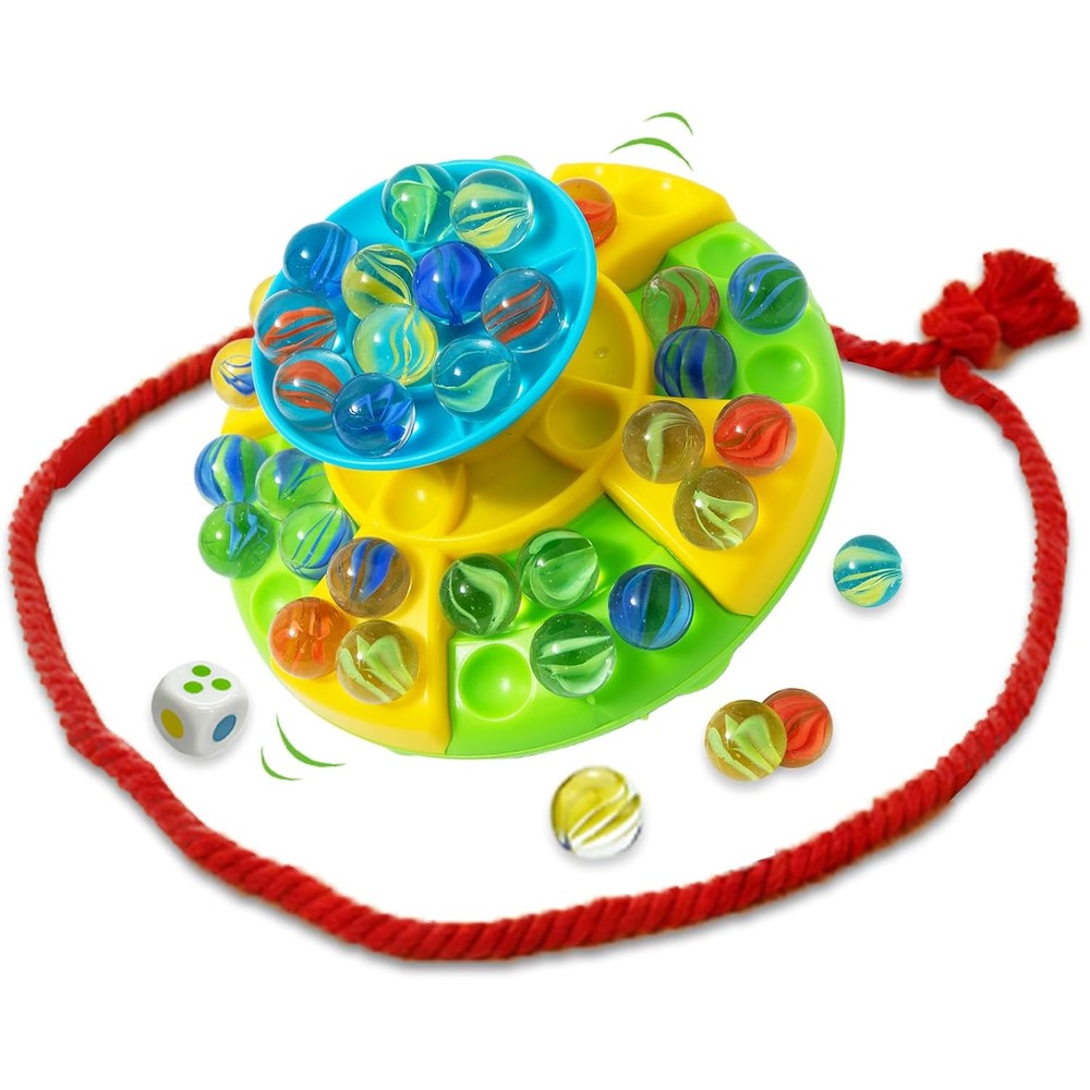 QTLJJBY upgrade marble balance game front view showcasing the three tier wobble tower and colorful glass marbles.