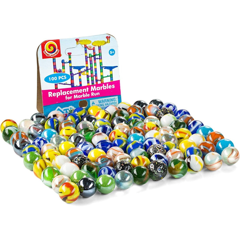 My Toy House replacement glass marbles for marble run showcasing assorted colorful swirls in front view