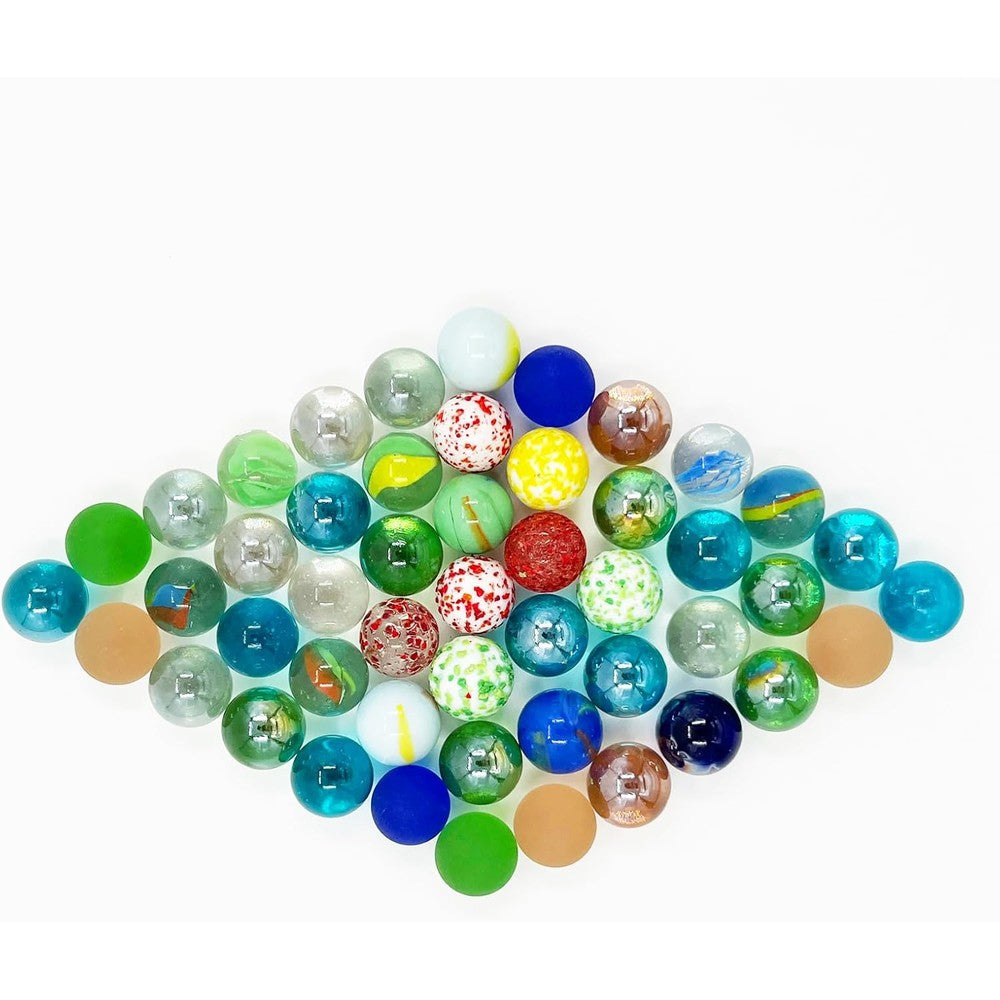 AHLPO glass marbles 50 piece set front view showing colorful cat eye designs
