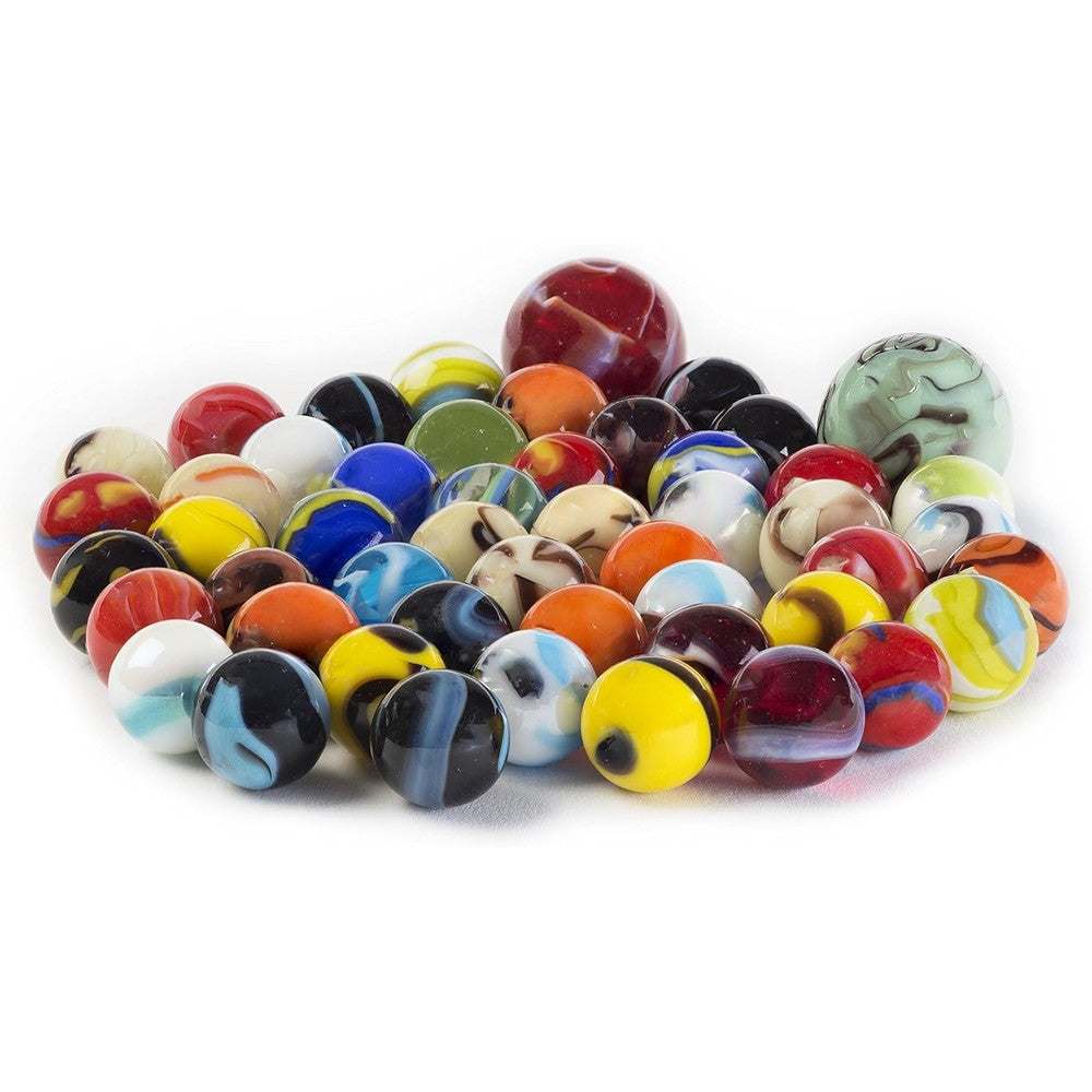 Ader Products Glass Marbles Bulk Set front view featuring assorted colorful glass marbles for traditional games.