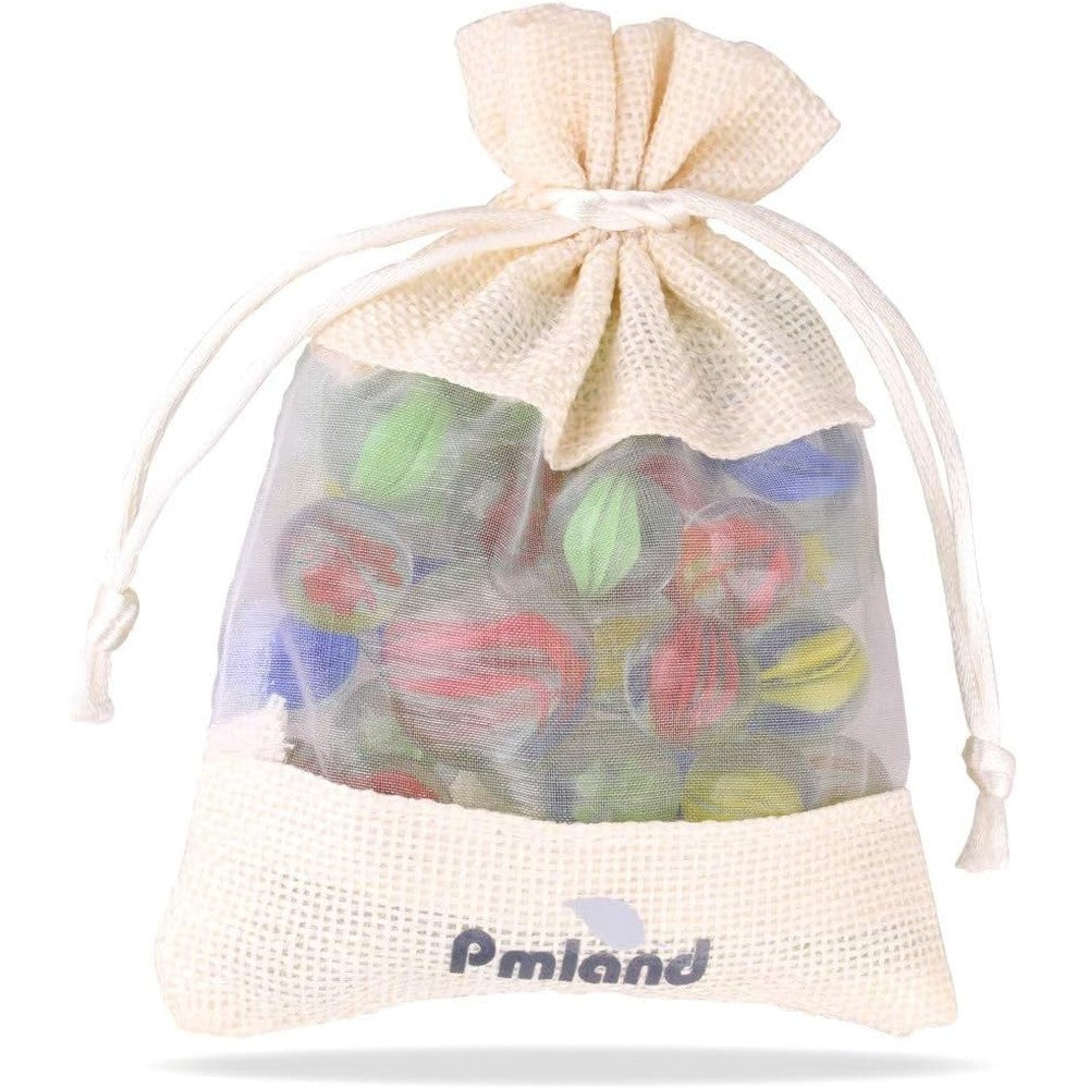 PMLAND Cats Eyes Glass Marbles assortment front view showcasing multiple colors inside the storage bag.