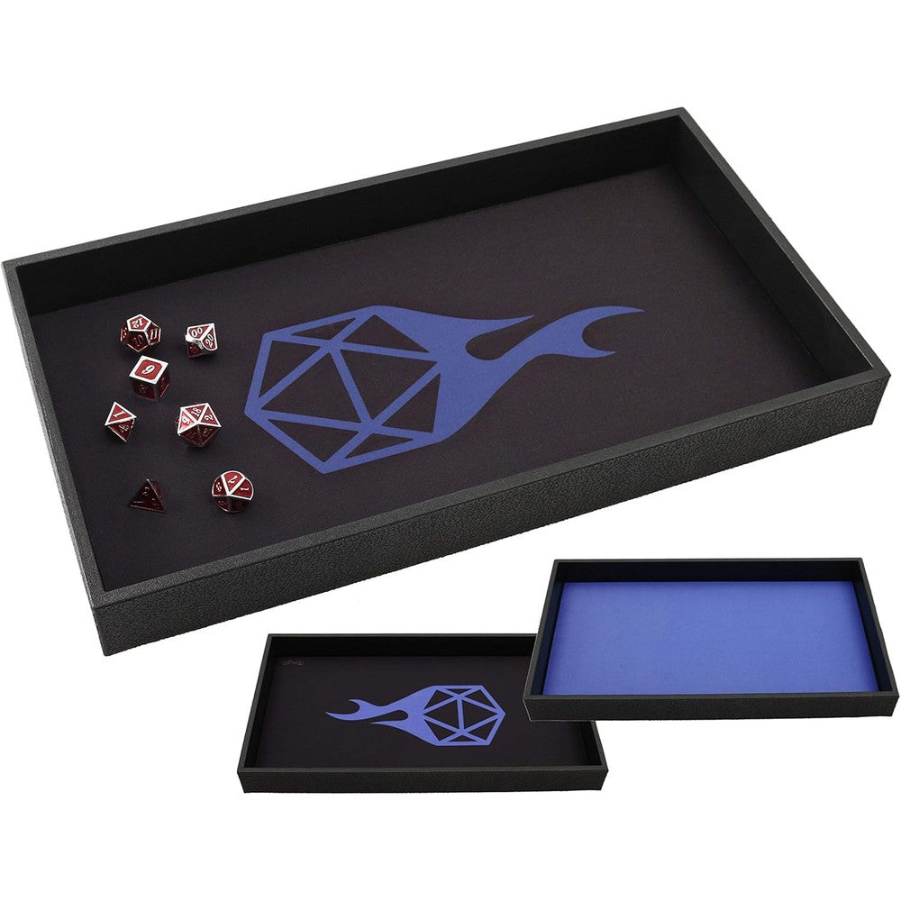Forged Dice Company fourteen inch plastic dice tray front view showing blue D20 icon neoprene mat
