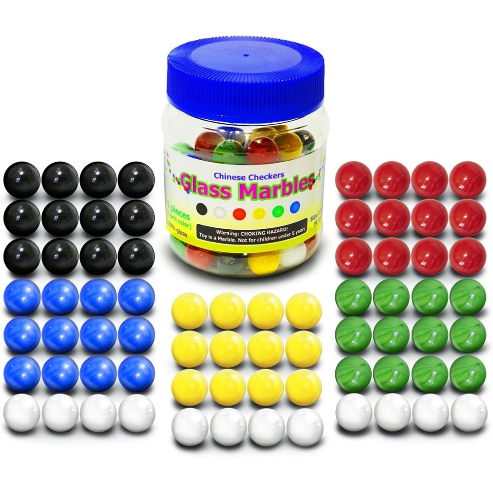 Togetic Chinese Checkers Glass Marbles front view showing seventy two pieces in a transparent storage jar.