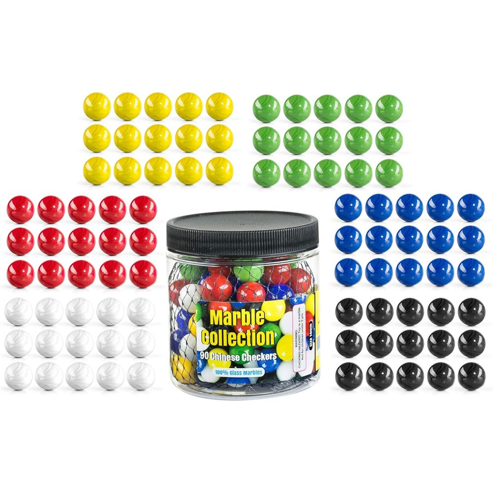 My Toy House Chinese Checkers Glass Marbles front view of 90 pieces in storage jar