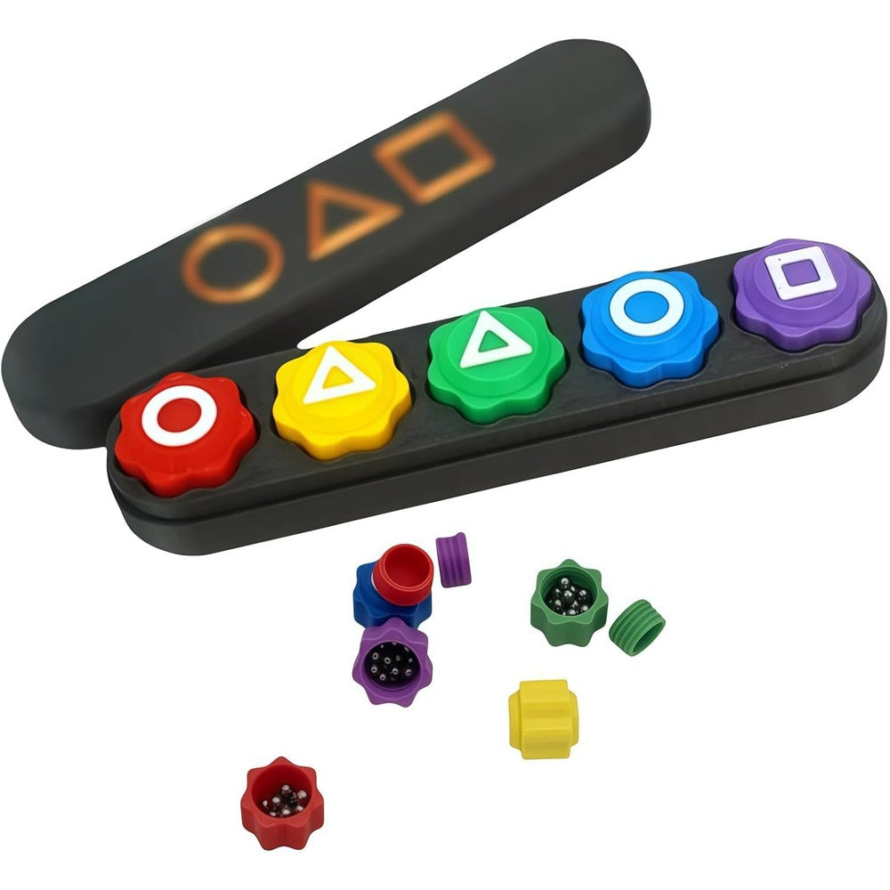 Redpai Gonggi game set front view displaying five vibrant colored weighted plastic stones arranged next to each other.