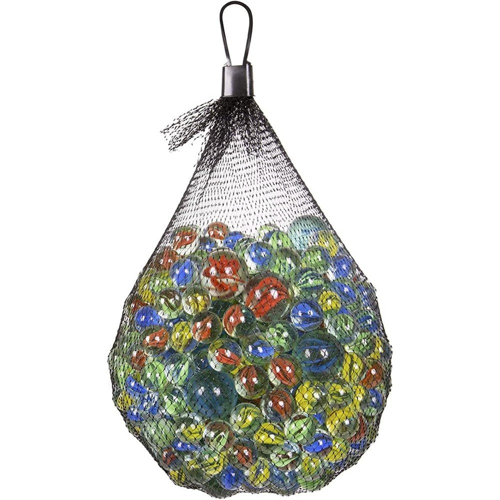 OIG Brands assorted retro marbles front view of fifty colorful glass marbles inside a storage bag.