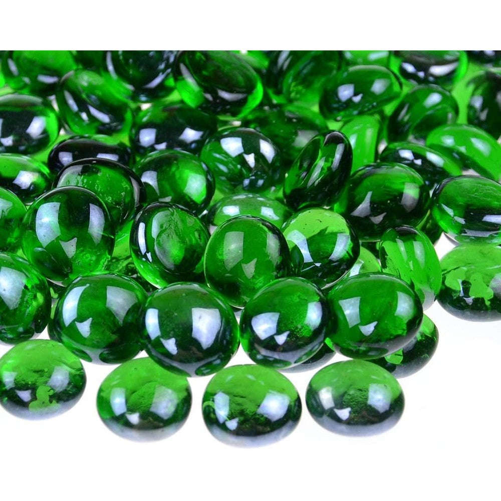 KINGOU Flat Glass Gems Green front view of glossy decorative pebbles for vase fillers.