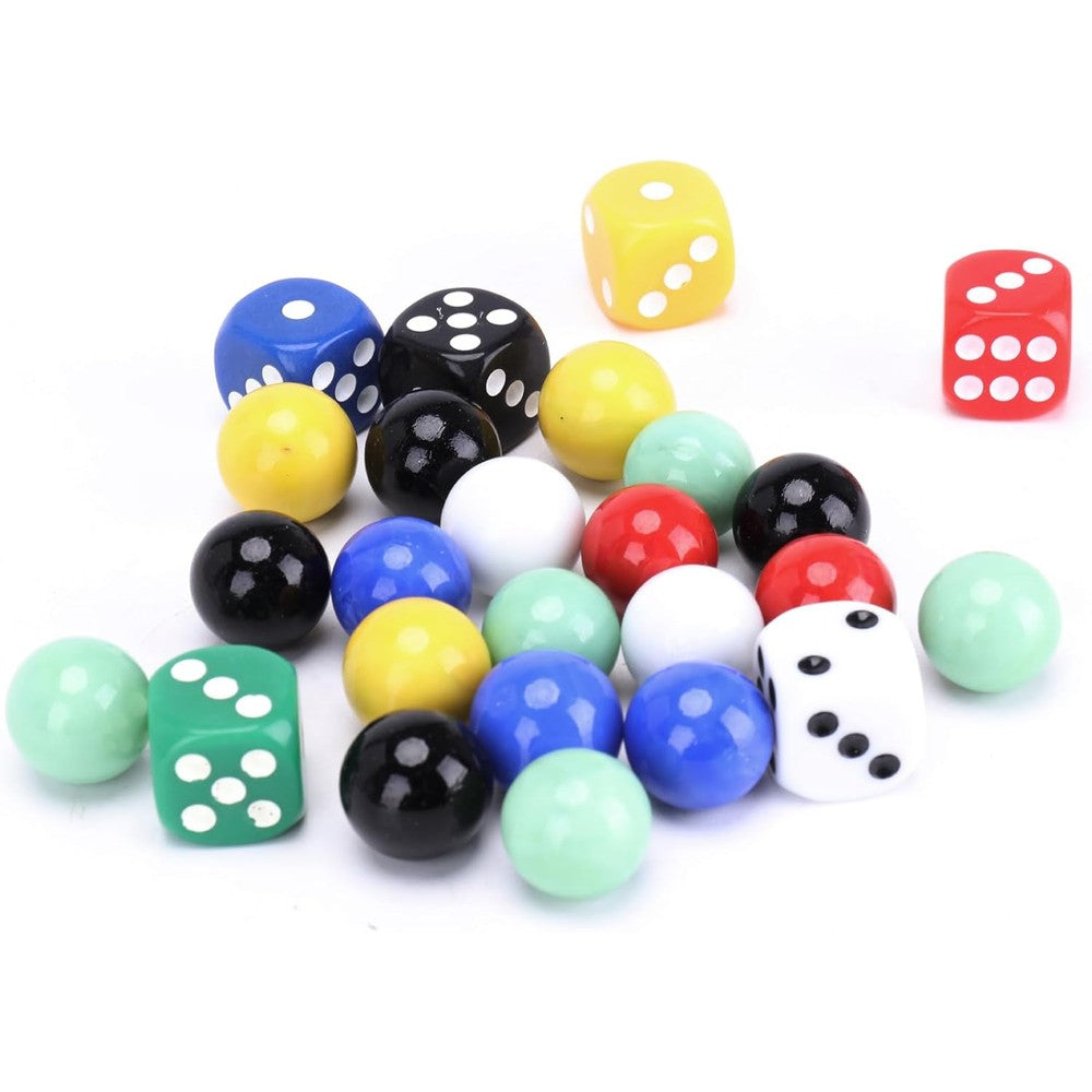 DODHEG glass marbles bulk set front view showing sixty colored pieces and six matching dice.
