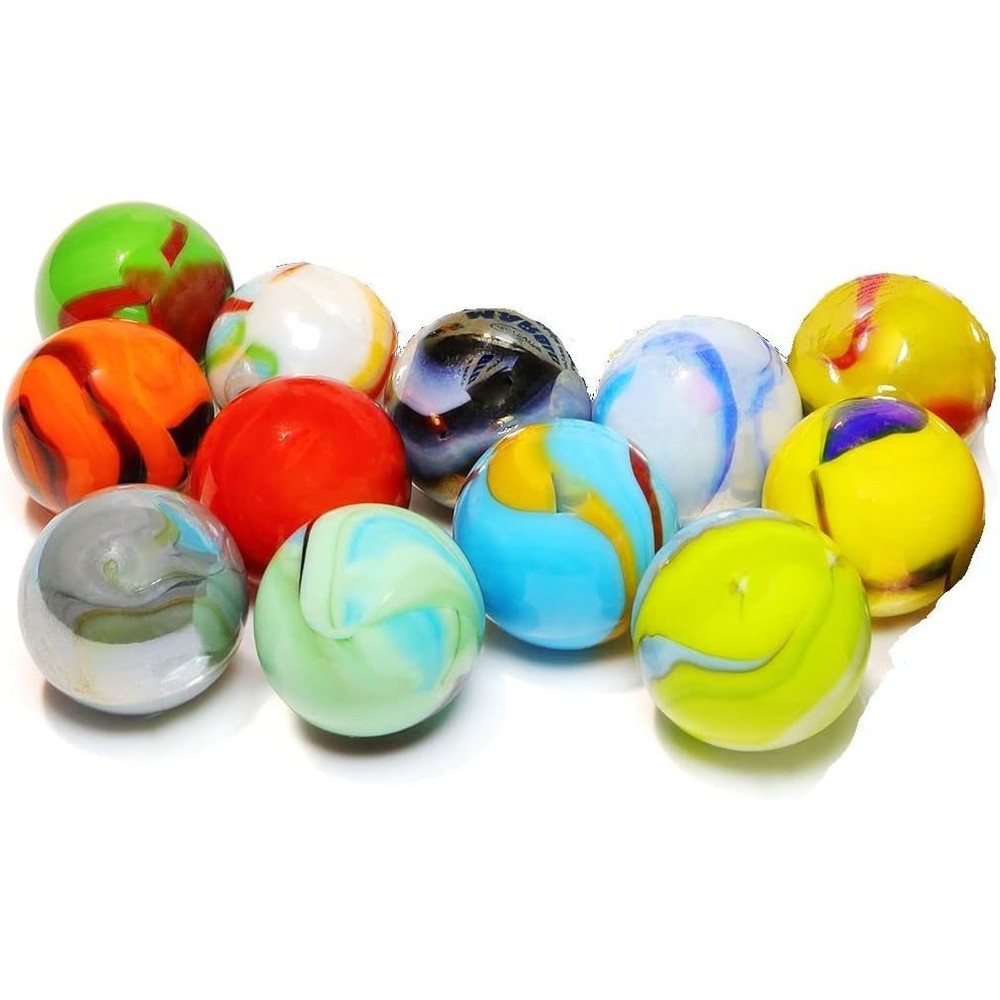 ACTIVITYYA Glass Shooter Marbles set of twelve front view displaying multicolor rainbow swirl patterns