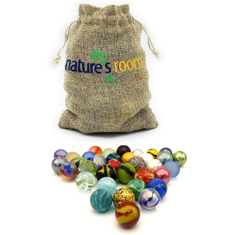 Naturesroom glass shooter marbles front view showing assorted colorful spheres