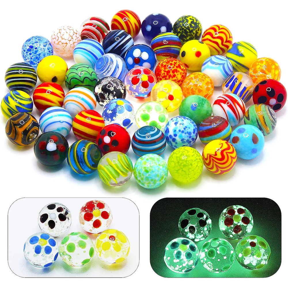 VEALIZUU 40 Piece Glass Marbles front view showcasing assorted colorful patterns and glowing pieces.