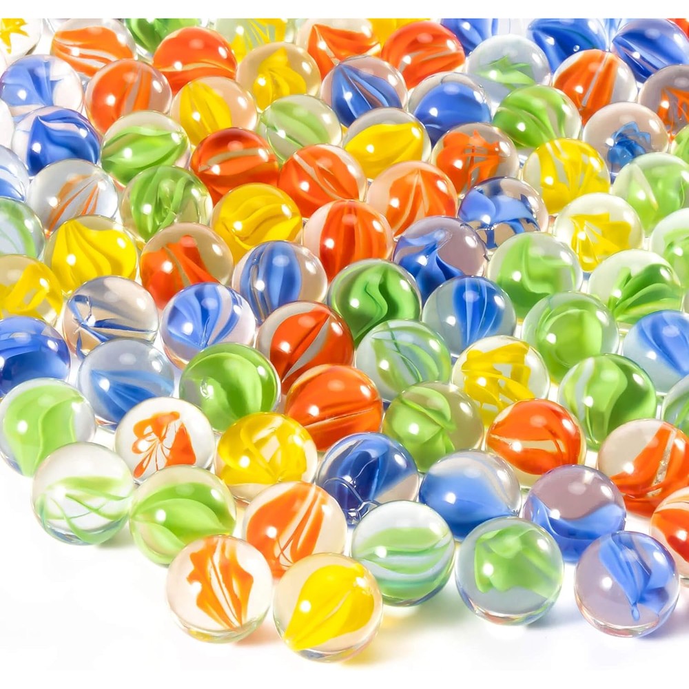 Sukh glass marbles bulk set front view showing ninety eight pieces of colorful cat eye design balls.