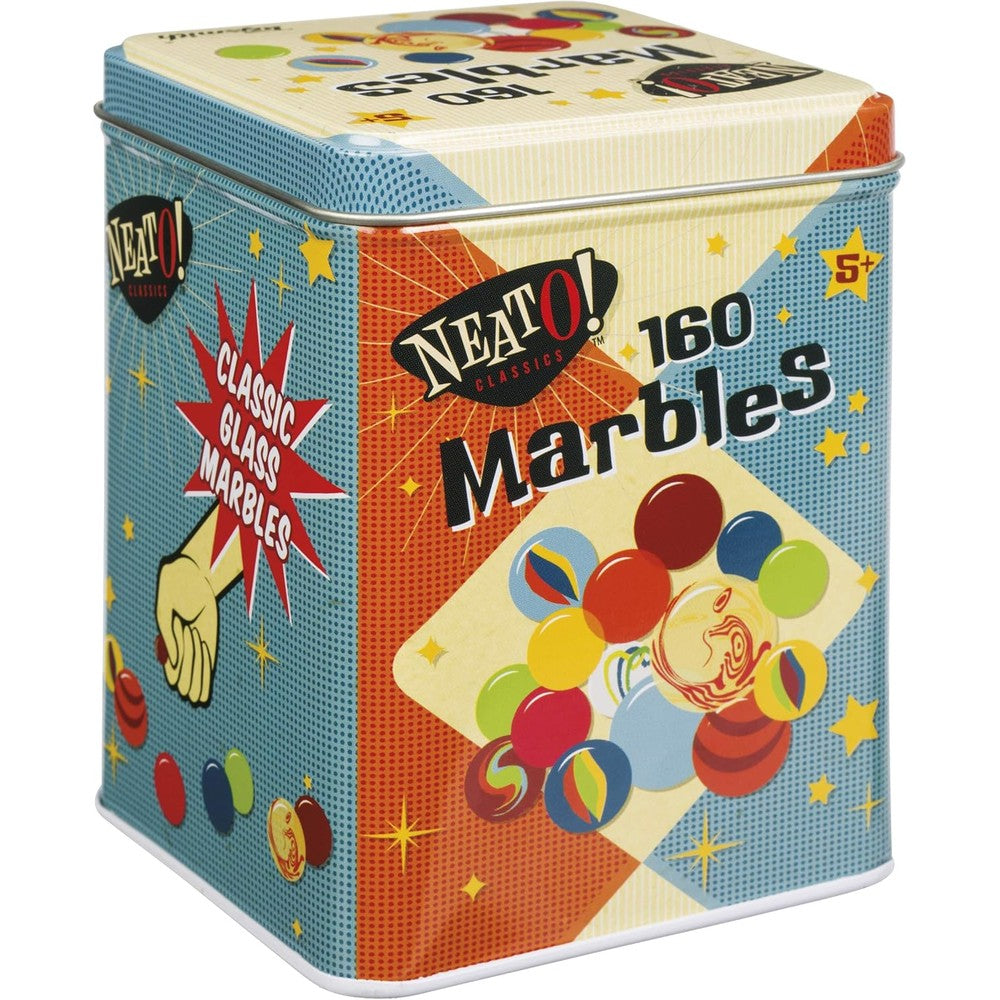 Toysmith Neato Classics 160 Marbles in a Tin Box front view showcasing colorful glass marbles and vintage metal packaging.
