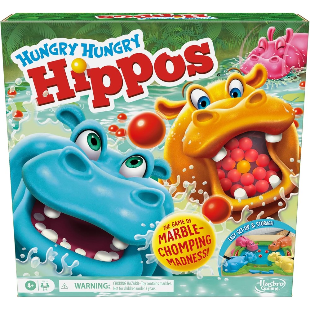 Hasbro Gaming Hungry Hungry Hippos board game packaging front view highlighting preschool age rating