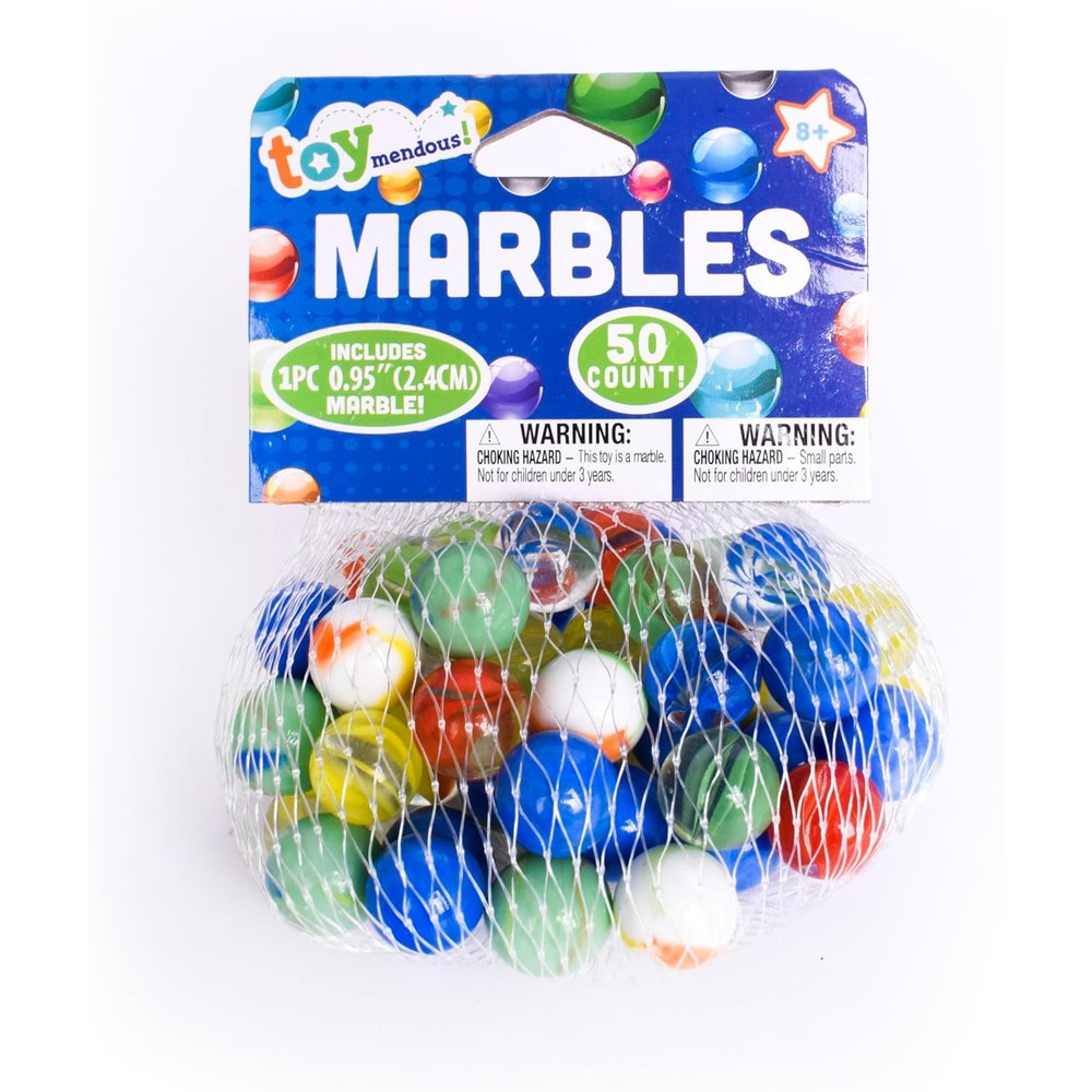 Sunny Days Entertainment Toymendous 50 Piece Marbles front view of the packaging showing colorful glass pieces
