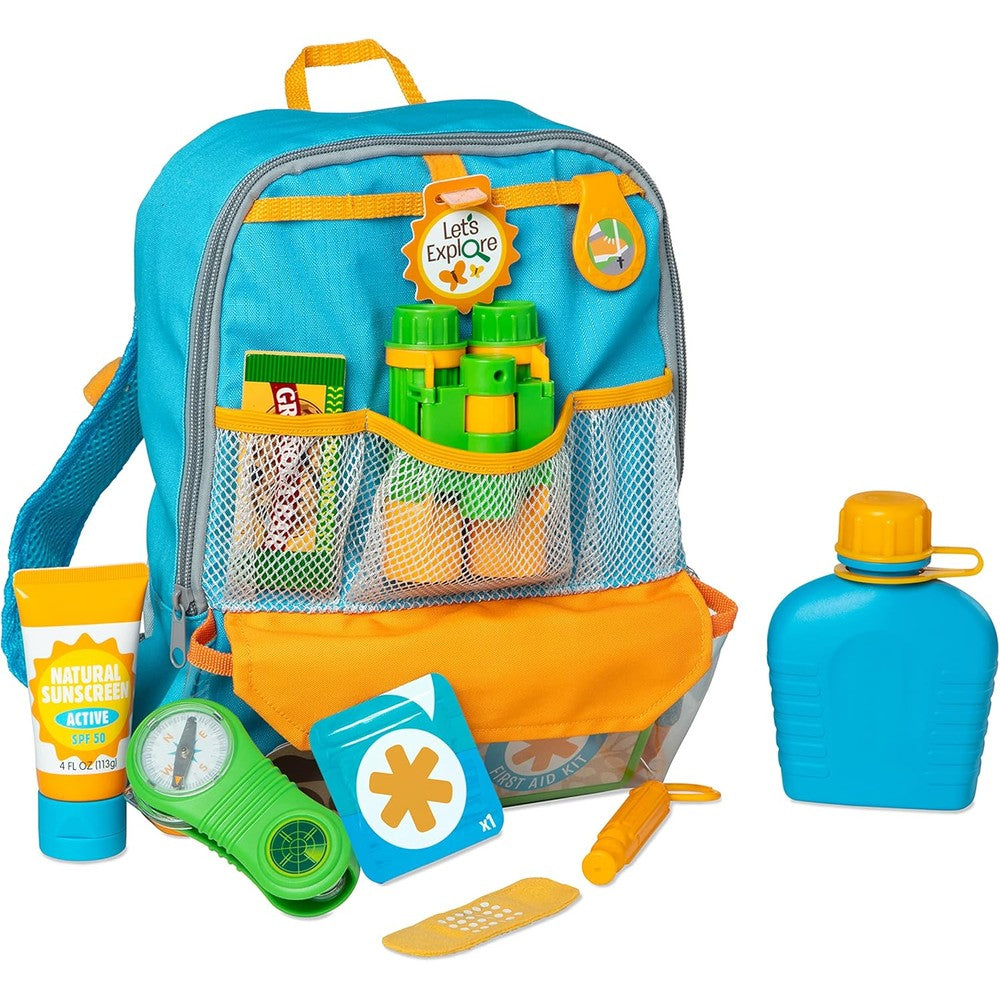 Melissa & Doug Let's Explore Hiking Play Set front view with backpack