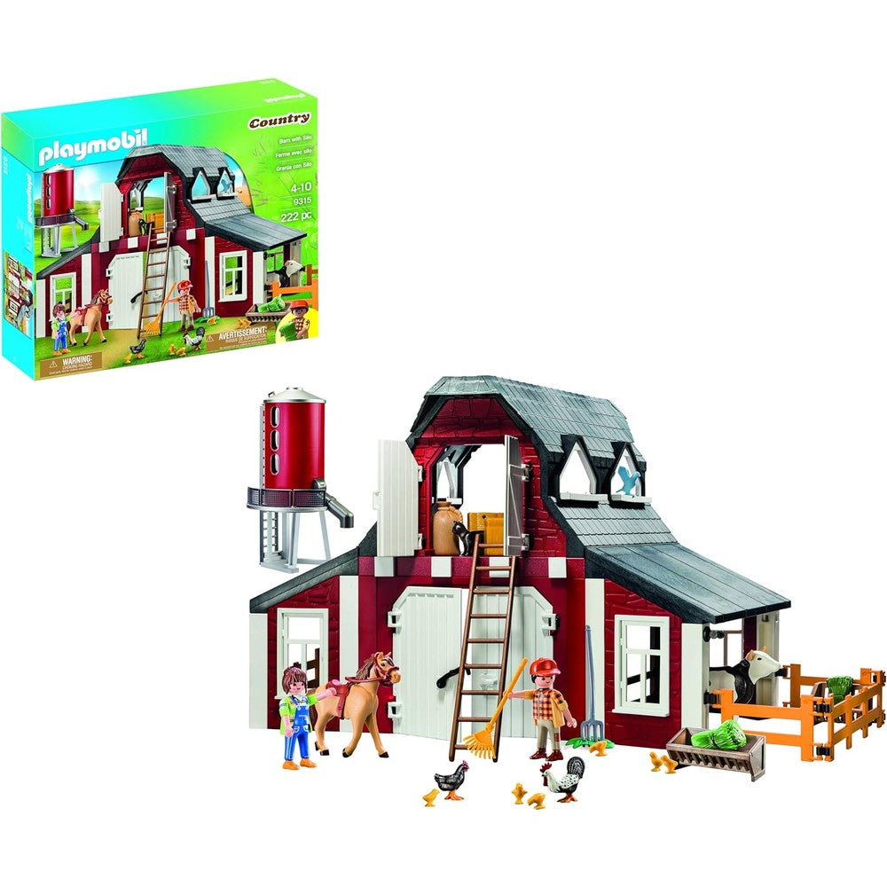 Playmobil Country Barn with Silo farm playset front view showing red building and figures
