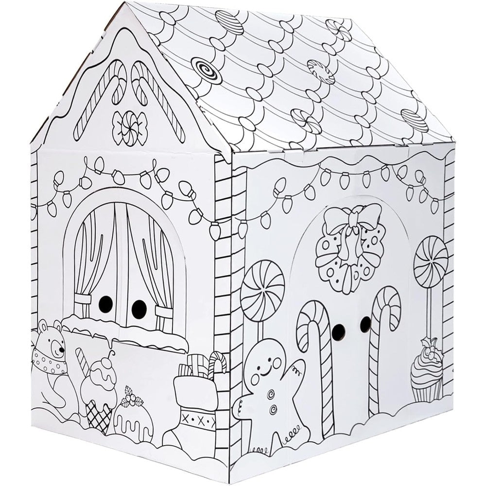 Kockuu Gingerbread Cardboard House front view featuring pre-printed holiday illustrations for children to color