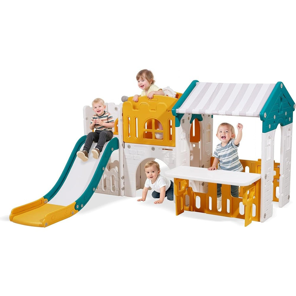 VEVOR Outdoor Playhouse front view showing the green and yellow wave slide and white striped roof structure.