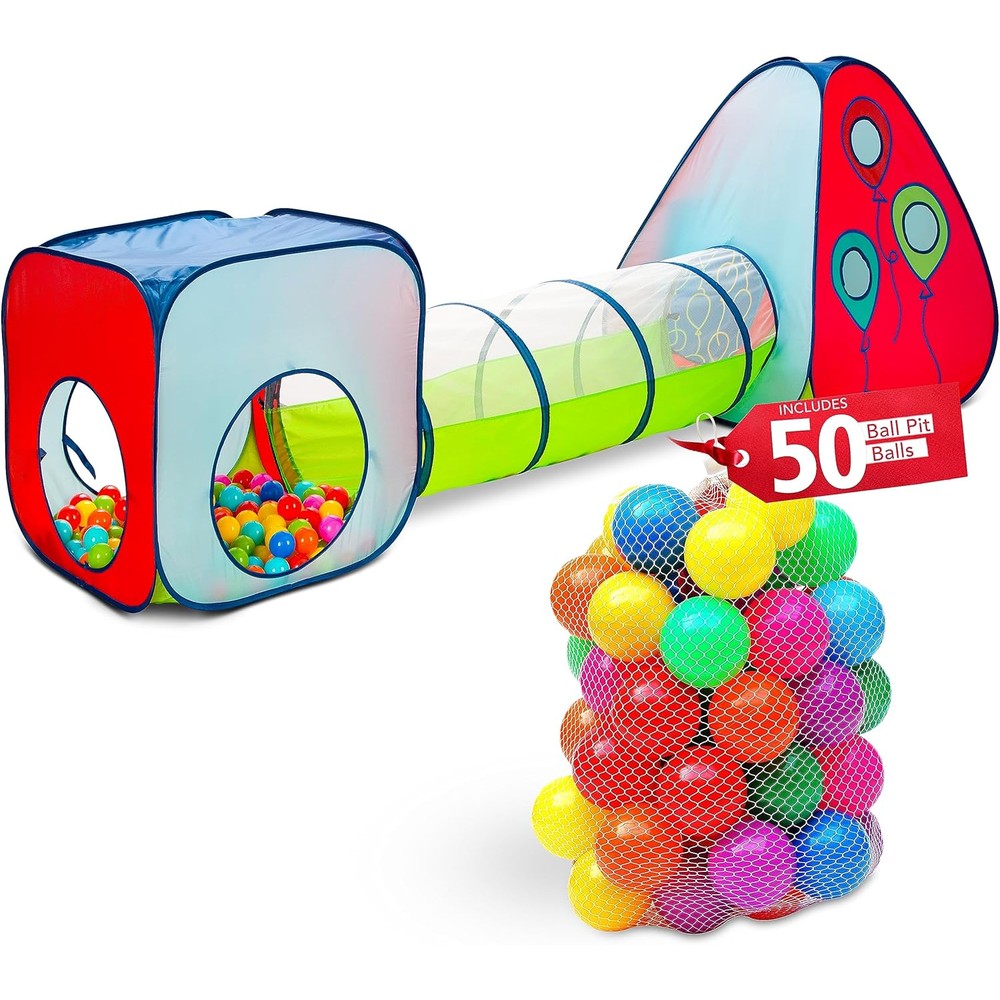Kiddey 3 in 1 kids pop up play tent front view fully assembled with tunnel and ball pit