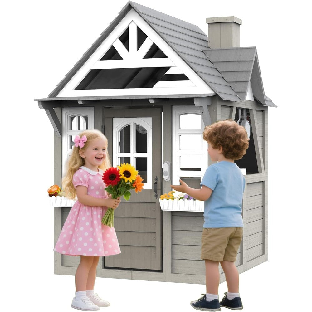 Seizeen kids outdoor cedar wooden playhouse front view modern gray backyard playset