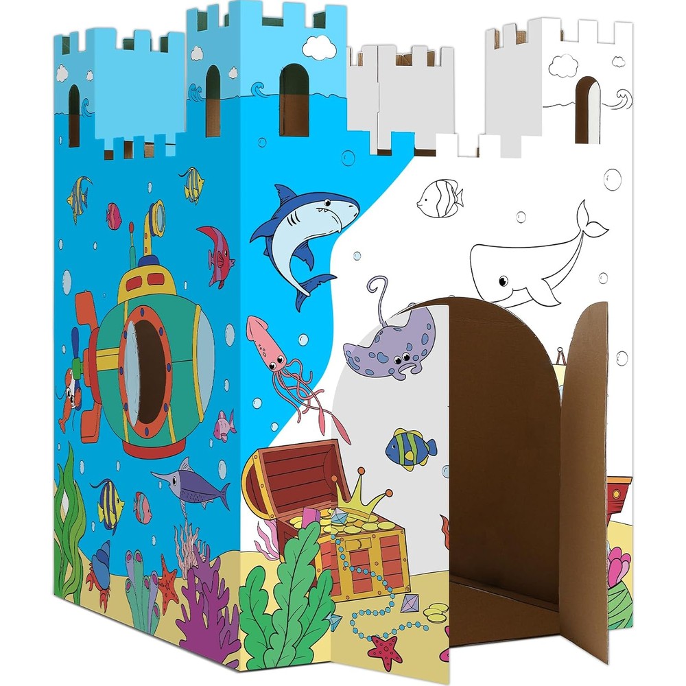 Naozinebi Under The Sea Playhouse front view showing pre-printed mermaid and shark designs for kids coloring activity.