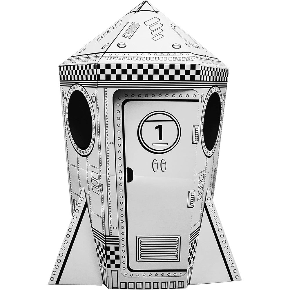 Adventure Awaits Kids Cardboard Rocket Playhouse front view showing black and white customizable spaceship panels for coloring.