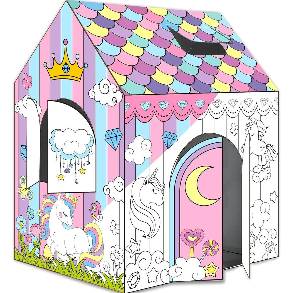 Naozinebi Unicorn Playhouse cardboard DIY coloring house front view setup in a children playroom