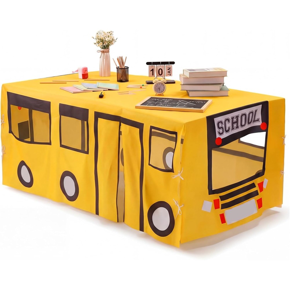 Oudain Large Playhouse Tablecloth Tent Cover front view showing yellow school bus design.