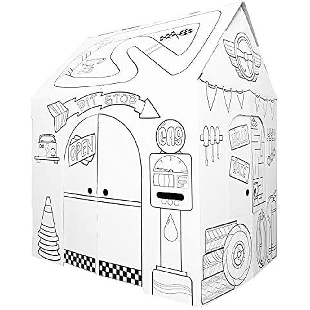 Easy Playhouse Garage front view showing white cardboard fort with printed gas pump and tires for kids art and craft activity.