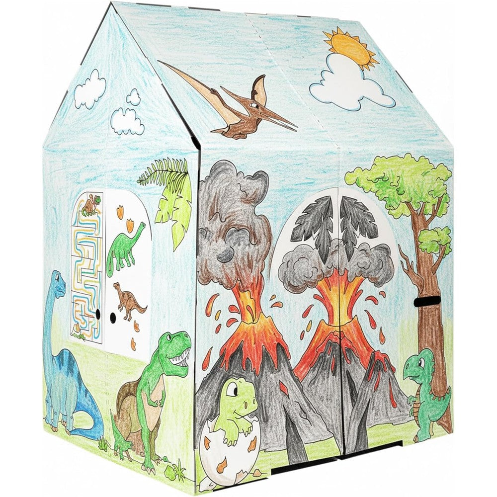 Easy Playhouse Cardboard Dinosaur House front view showing detailed uncolored prehistoric designs