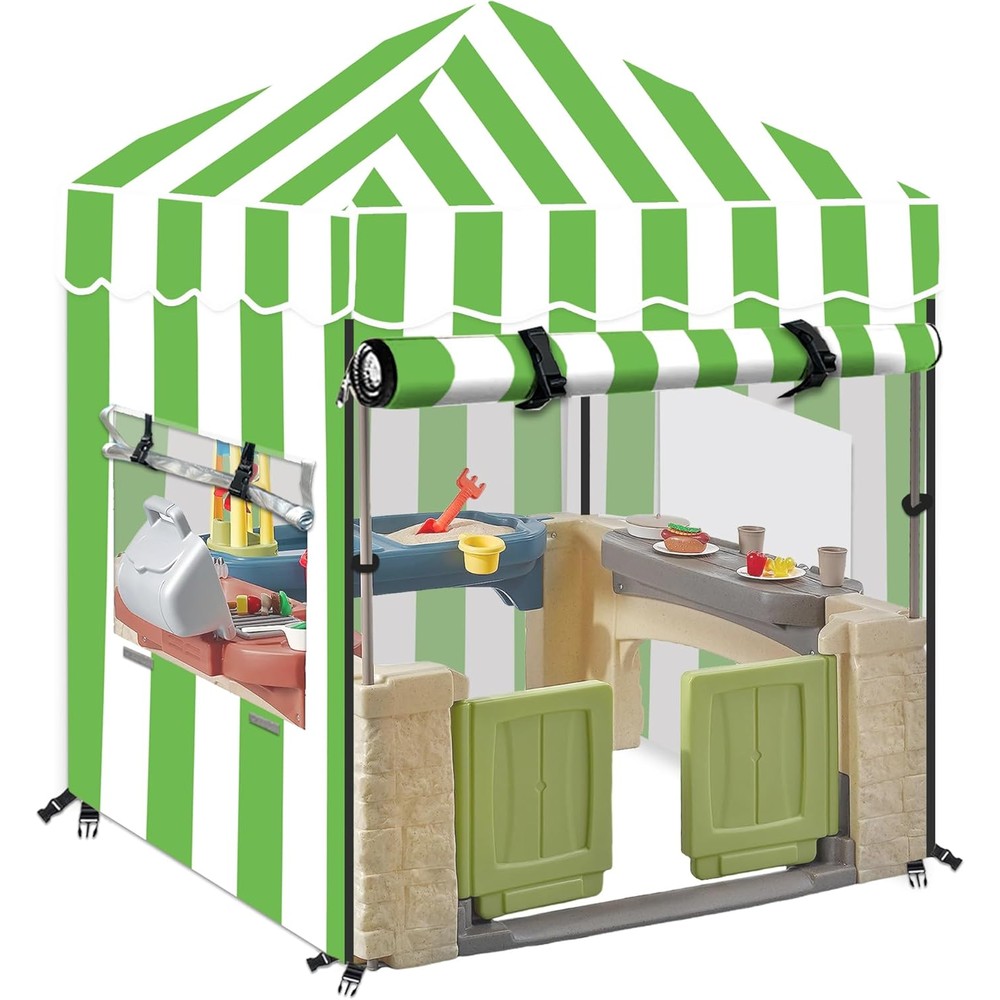 HMOCK kids outdoor playhouse cover green and white stripe front view shielding backyard playset from dust