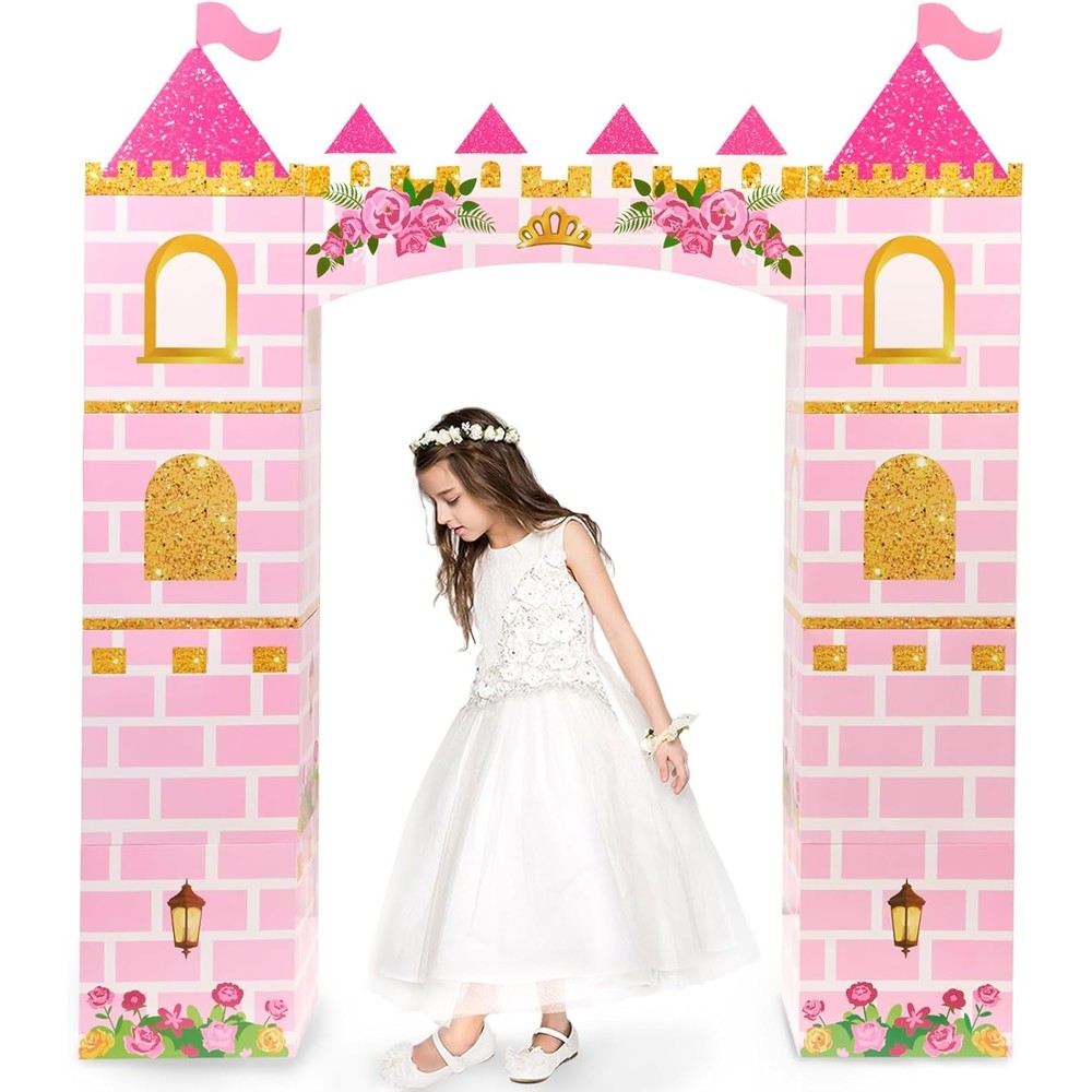 WERNNSAI princess party cardboard castle playhouse front view set up for a girls birthday party backdrop.