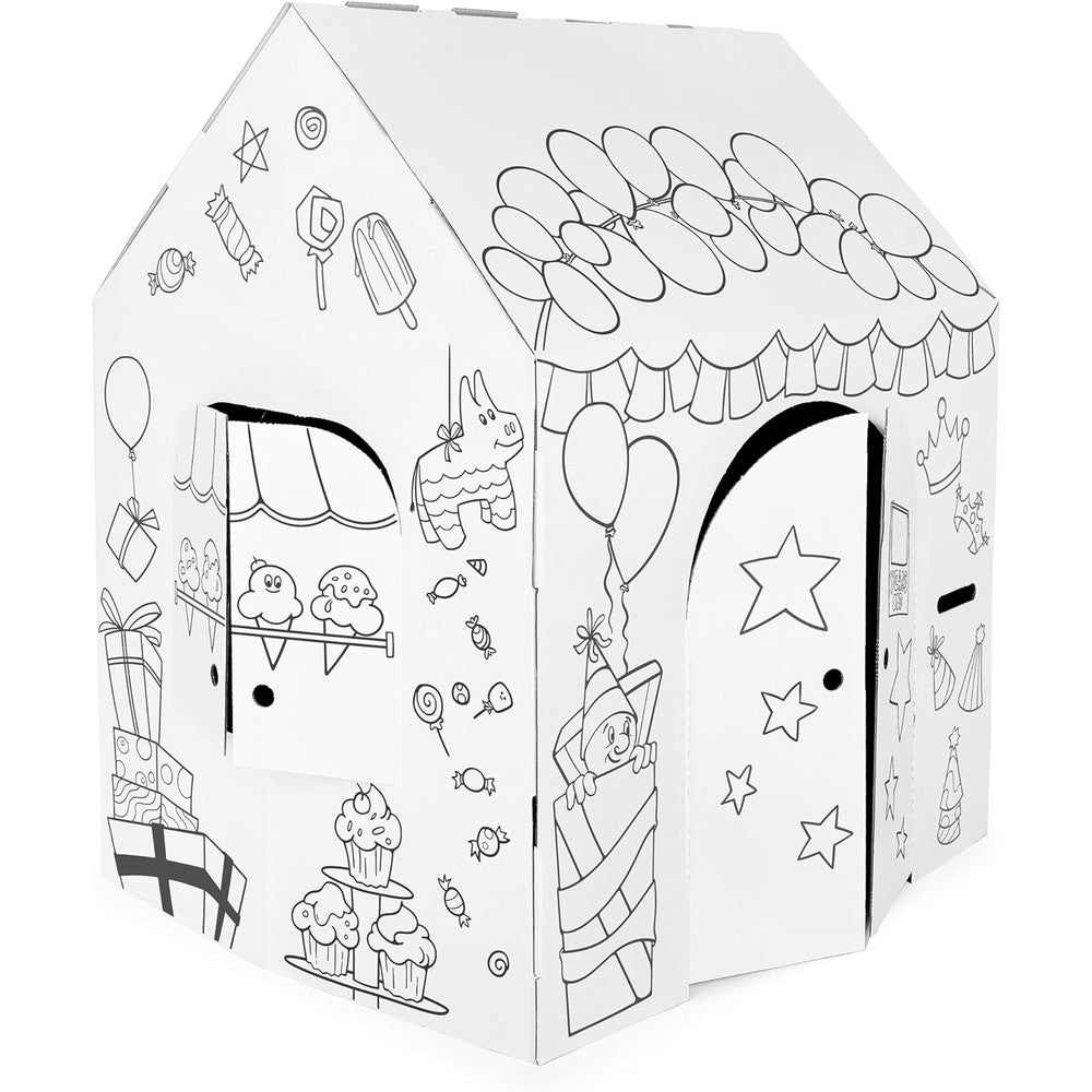 Easy Playhouse Birthday Cardboard Fort front view featuring uncolored birthday illustrations