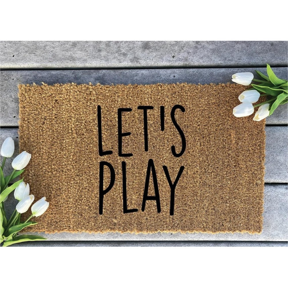 Bnil mini playhouse doormat front view showing let's play typography design