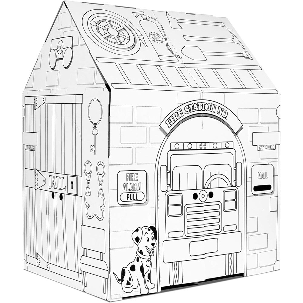 Easy Playhouse Police and Fire Station front view showing the emergency vehicle outlines.