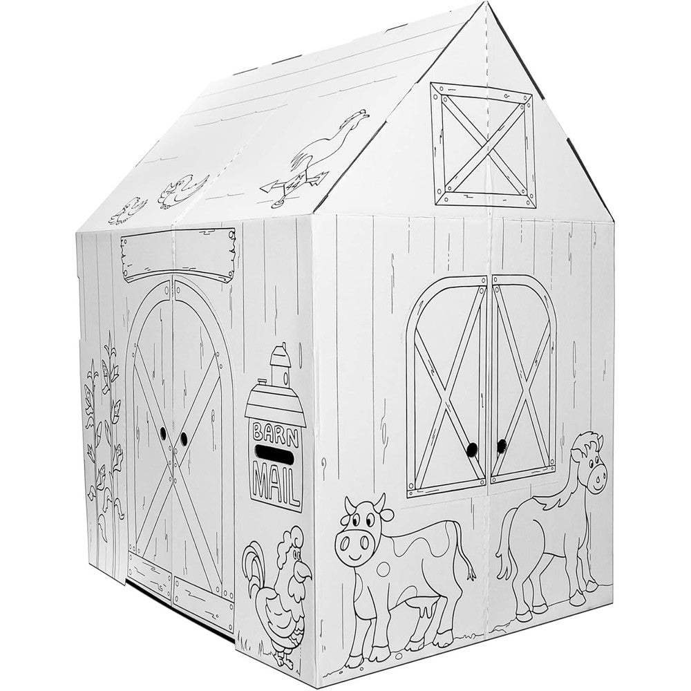 Easy Playhouse Kids Art And Craft Barn front view showing fold out doors and farm illustrations