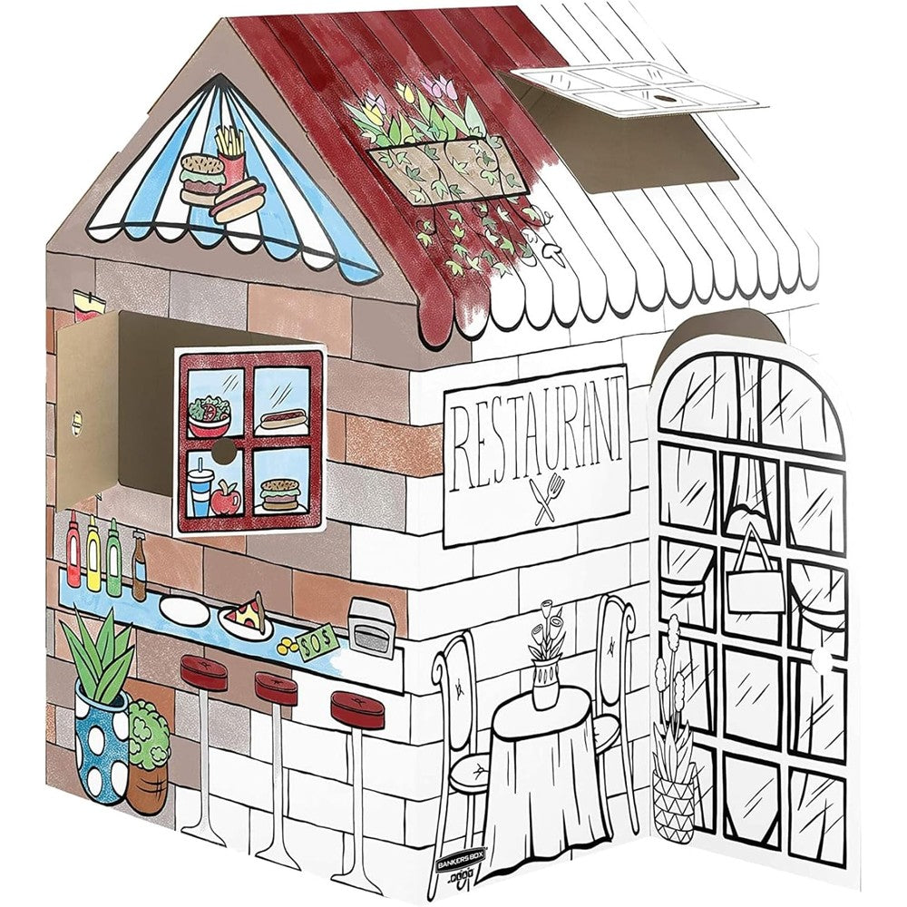 Bankers Box Treats N Eats Playhouse front view showing drive-thru window on life-size cardboard toy