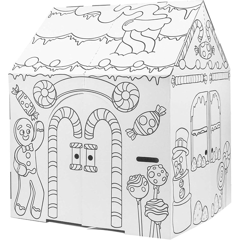 Easy Playhouse Gingerbread House front view showing fold out doors and holiday illustrations for kids coloring