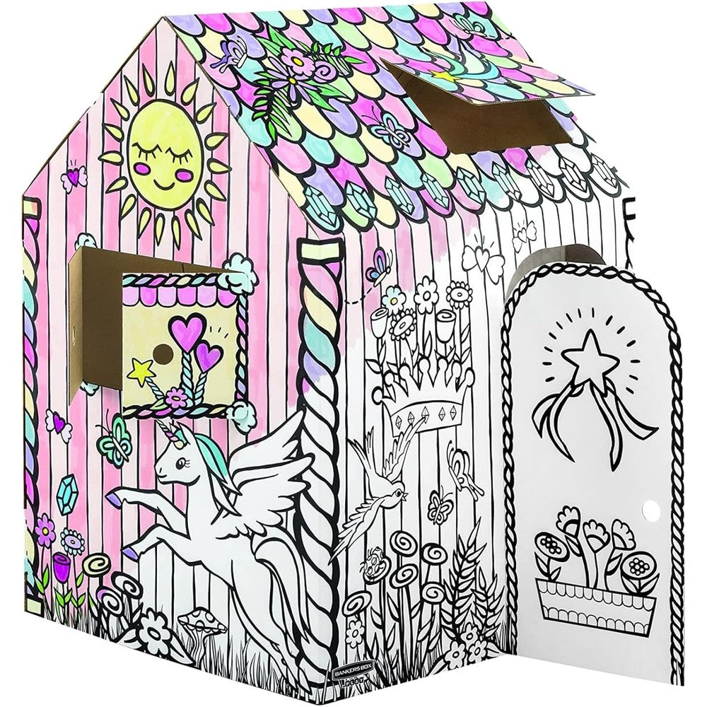 Bankers Box At Play Large Unicorn Playhouse front view showing white uncolored cardboard exterior